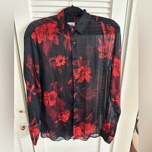 Zara Black and Red Floral Sheer Shirt in size S